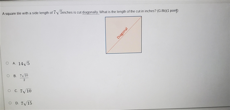 A square tile with a side length of 75inches is cut diagonally. What is the length-example-1