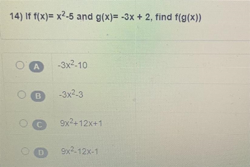 If f(x)= x-5 and g(x)= -3x + 2, find f(g(«)-example-1