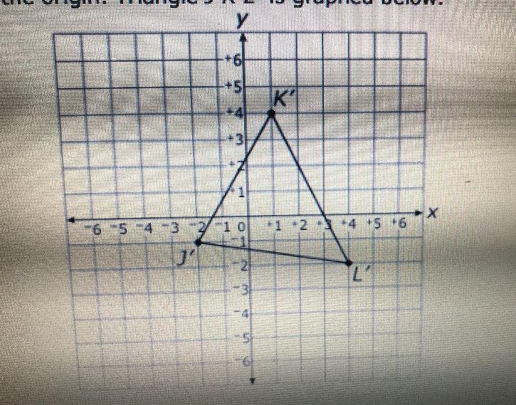 Triangle JKL was 90 clockwise about the origin. Triangle J’K’L is graphed below . What-example-1