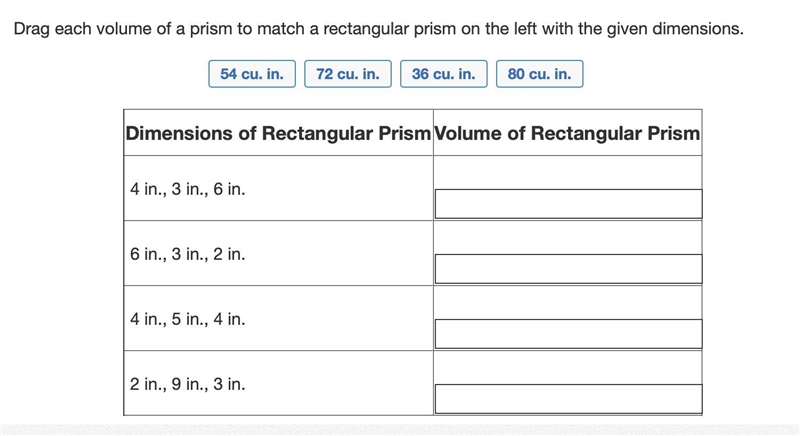 Drag each volume of a prism to match a rectangular prism on the left with the given-example-1