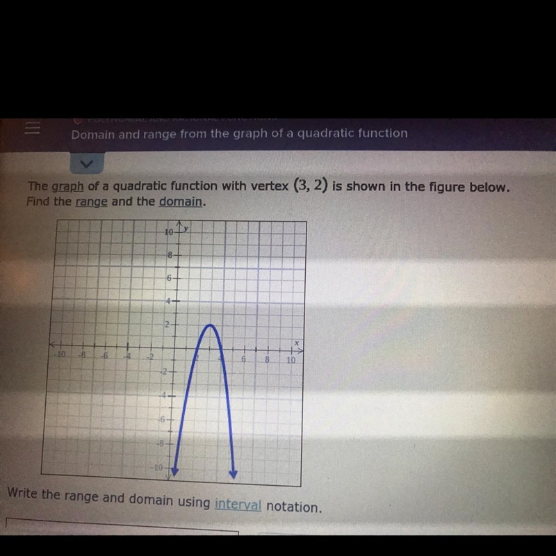 The graph of a quadratic function with vertex (3.2) is shown in the figure below.Find-example-1