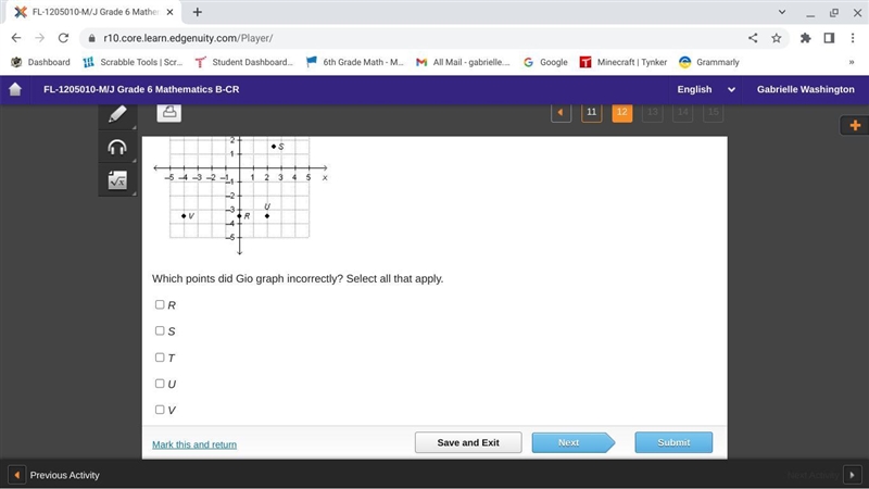 Gio plotted the following points on the coordinate plane below. R(-3.5,0), S(2.5,1.5), T-example-2