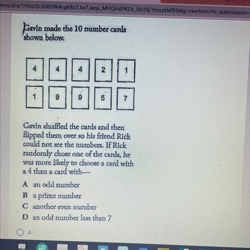 Kavin made the 10 number cardsshown below.444N11997Gavin shuffled the cards and thenflipped-example-1