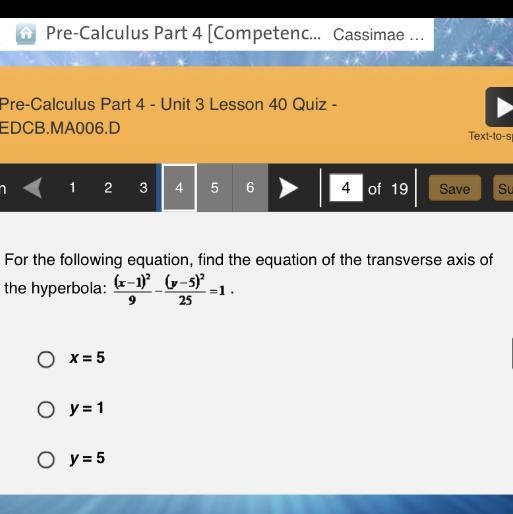 For the following equation, find the equation of the transverse axis of the hyperbola-example-1