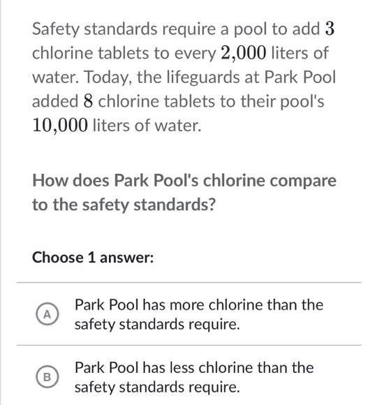 Safety standards require a pool to add 333 chlorine tablets to every 2,0002,0002, comma-example-1