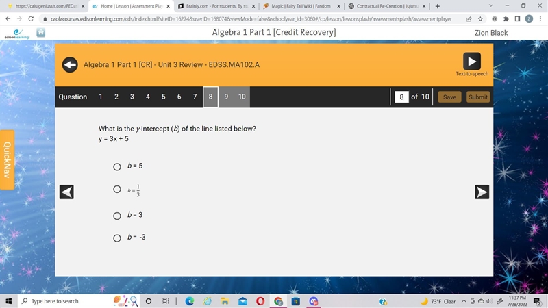 What is the y-intercept (b) of the line listed below?y = 3x + 5-example-1