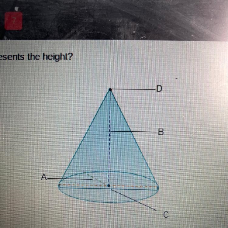 Which label on the cone below represents the height? ΟΑ OB OC OD A D B-example-1