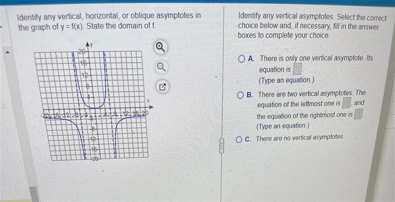 Identify any vertical, horizontal, or oblique asymptotes in the graph of y=f(x). State-example-1