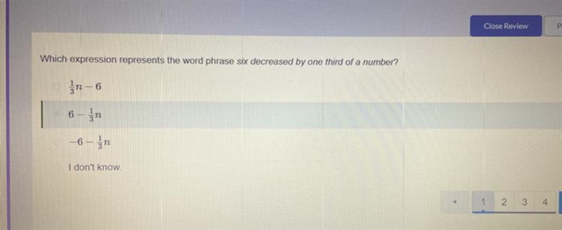 Which expression represents the word phrase six decreased by one third of a number-example-1