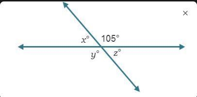 Determine the measures of angles x, y, and z: x = 75°95°105°° y = 75°95°105°° z = 75°95°105°°-example-1