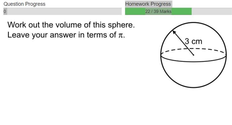 Volume of a sphere leave your answers in terms of pi radius is 3cm plz help me-example-1