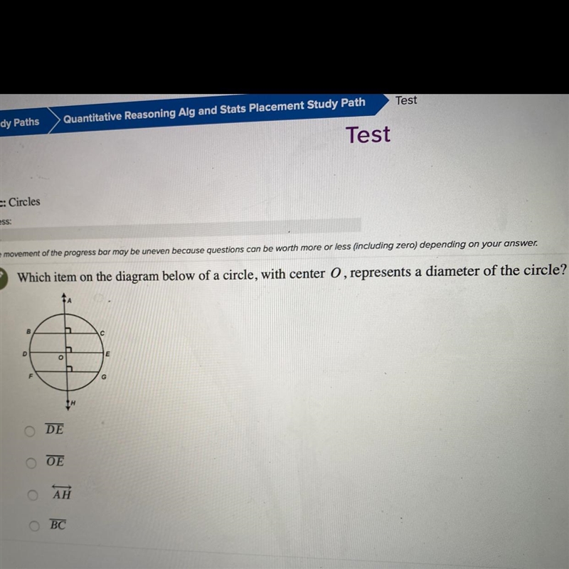 Which item on the diagram below of a circle, with center 0, represents a diameter-example-1