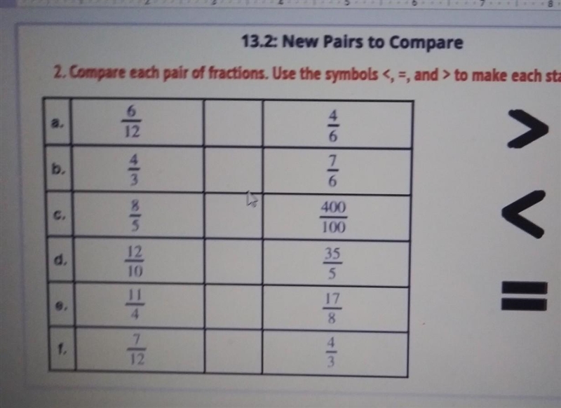 Compare each pair of fractions. Use the symbols <,=, and > to make each statement-example-1