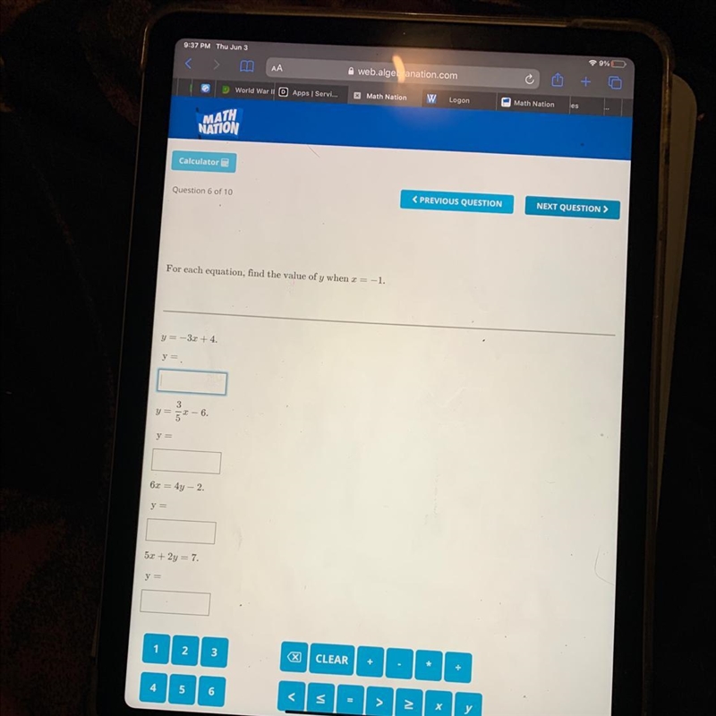 For each equation, find the value of y when = -1.-example-1