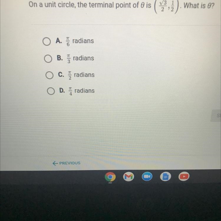 On a unit circle, the terminal point of 8 is ( 3 , 3 1). What is e?O A.radiansB.Eloradiansc-example-1