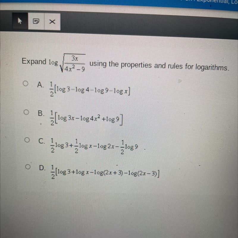 Expand log sqrt3x/4x^2-9 using the properties and rules for logarithms.-example-1