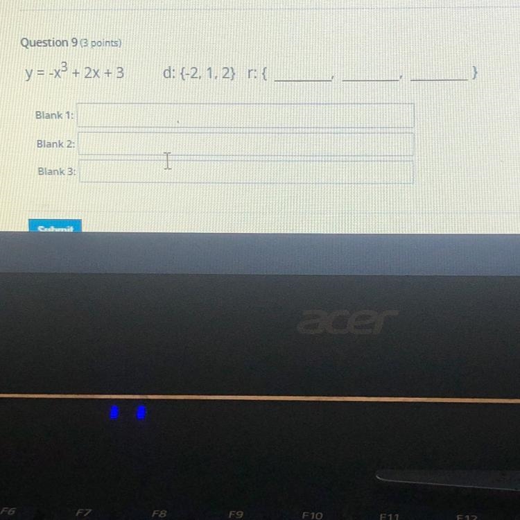 Question 9 (3 points)y = -x3 + 2x + 3d: {-2, 1,2} r: {3Blank 1:Blank 2:IBlank 3:-example-1