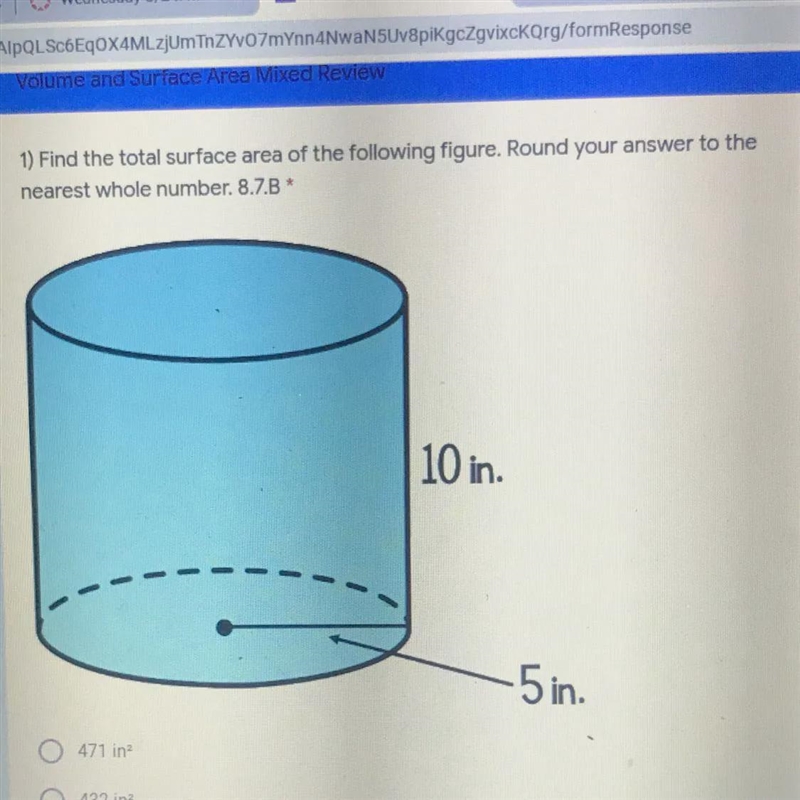 1) Find the total surface area of the following figure. Round your answer to thenearest-example-1