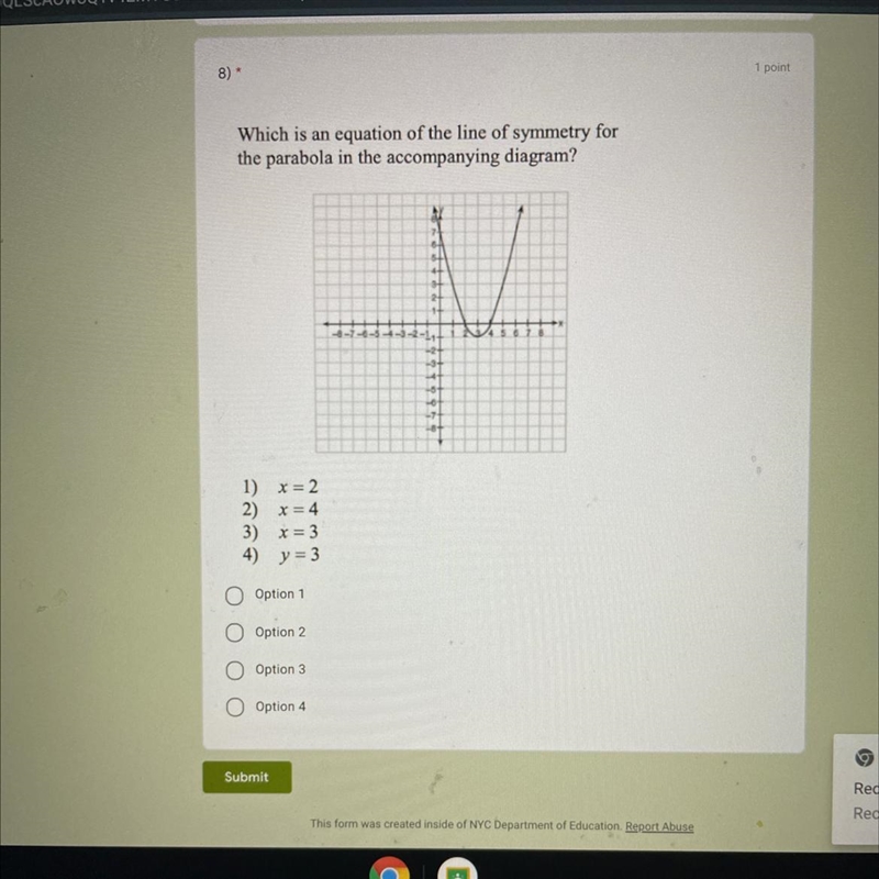 What is an equation of the line of symmetry for the parabola in the accompanying diagram-example-1