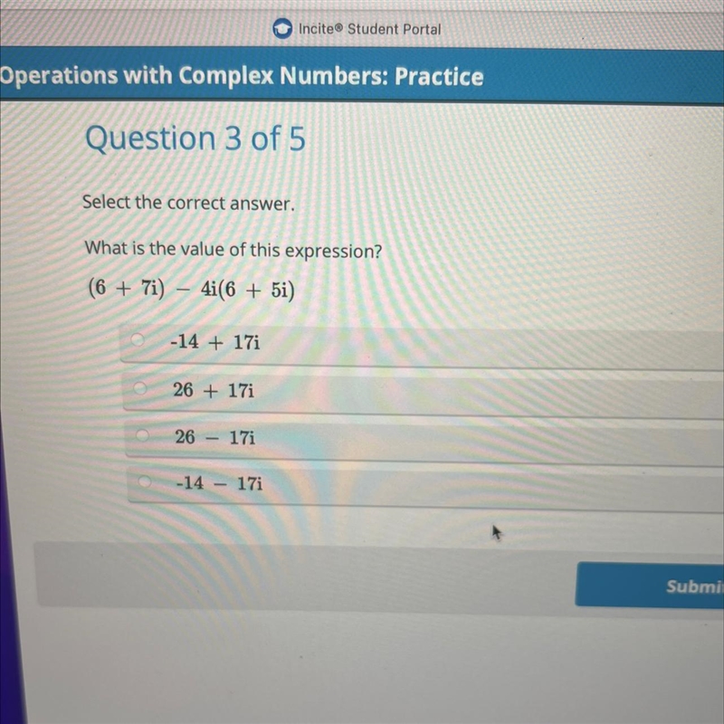 Select the correct answer. What is the value of this expression? (6 + 7i) - 4i(6 + 5i-example-1