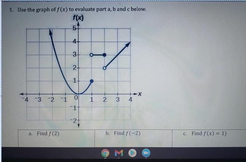 1. Use the graph of f(x) to evaluate part a, b and c below. f(x) 5 4+ 3+ 2+ 1 1 2 3 4 -4 -3 -2 -1 0 -1 - 2t-example-1