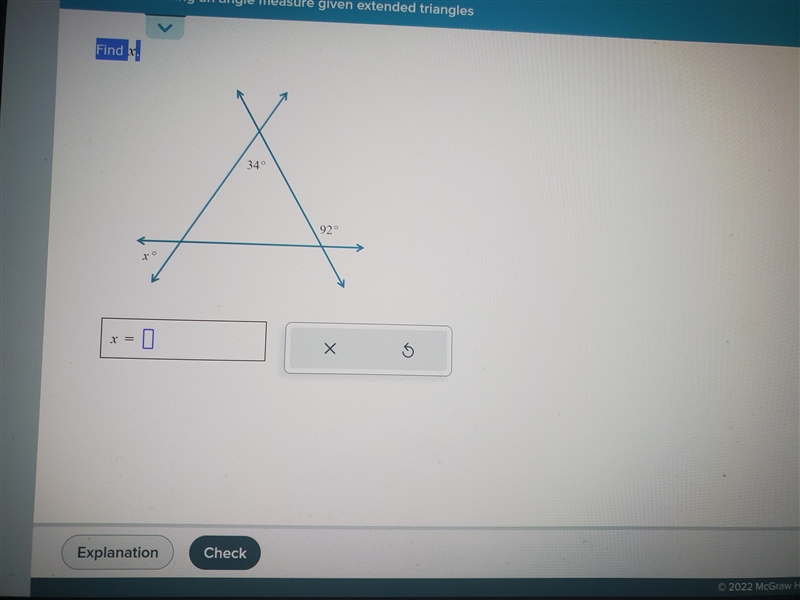 Find x. Finding an angle measure given extended triangles.-example-1