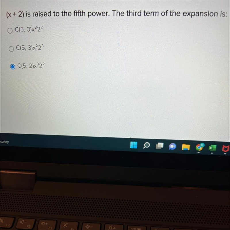 (X+2) is raised to the fifth power period the third term of the expansion is:-example-1