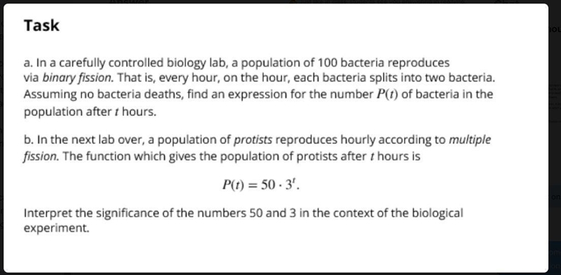 Taska. In a carefully controlled biology lab, a population of 100 bacteria reproducesvia-example-1