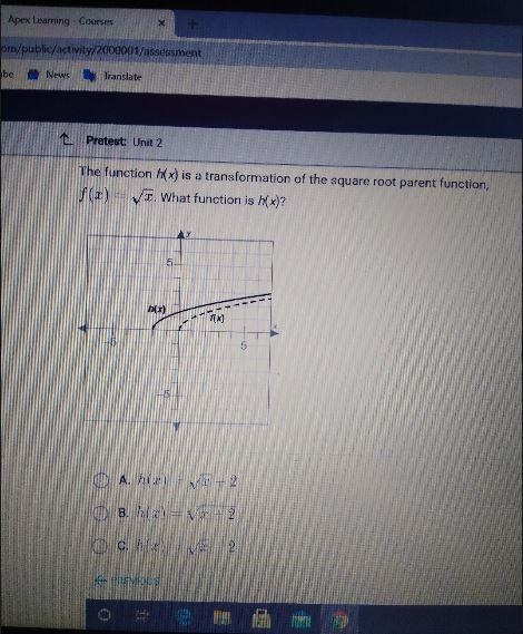 The function h(x) is a transformation of the square root parent function, f(x) = p-example-1