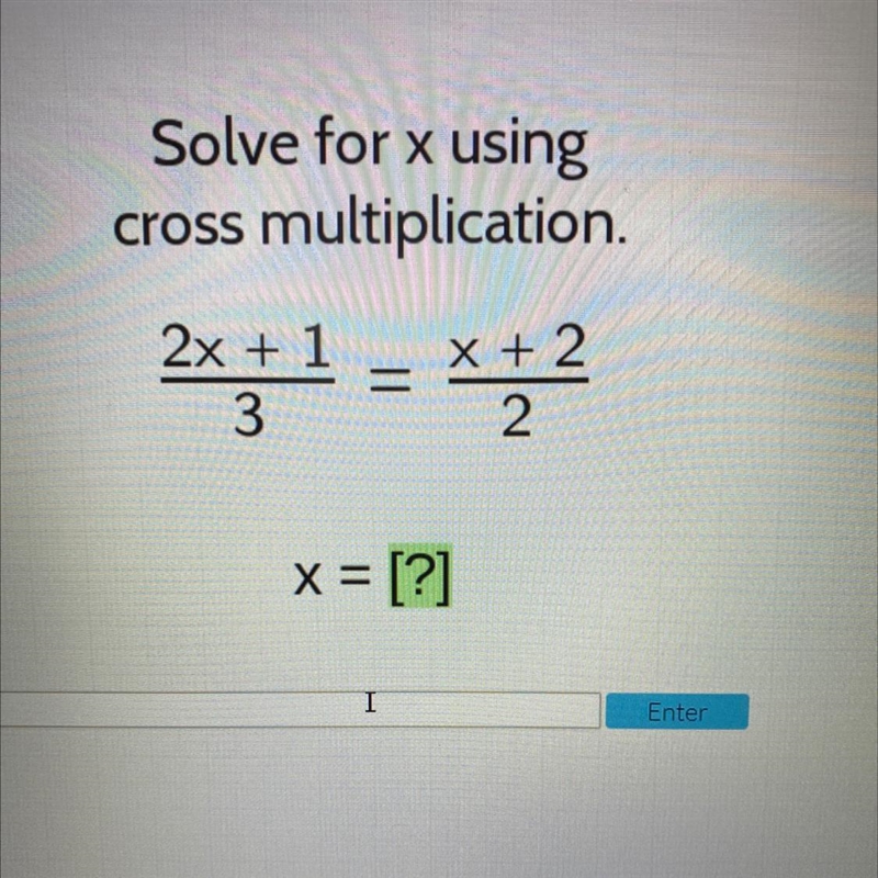 RecoverySolve for x usingcross multiplication.2x + 132x11 -=x + 22x = [?]Enter-example-1