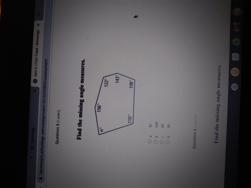 Find the missing angle measures. 156 n 122 143 110° 108-example-1