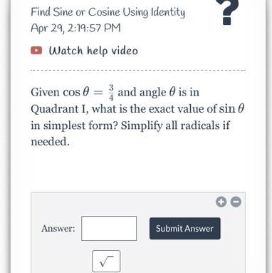 Find sine or cosine using identity-example-1