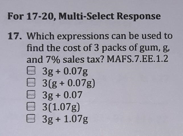 Which expression can be used to find the cost of 3 packs of gum, g, and 7% sales tax-example-1