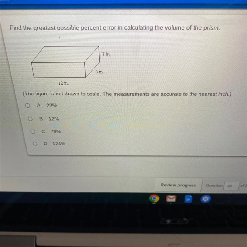 Find the greatest possible percent error in calculating the volume of the prism.-example-1