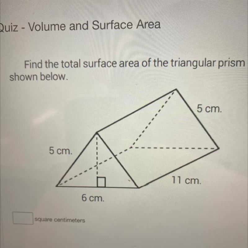 Find the total surface area of the triangular prism shown below. 5 cm. 5 cm. 11 cm-example-1