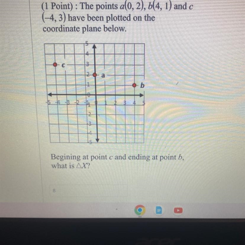 (1 Point): The points a(0, 2), b(4, 1) and c (-4, 3) have been plotted on the coordinate-example-1