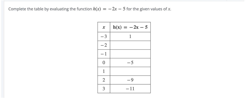 Complete the table by evaluating the function h(x)=−2x−5 for the given values of x-example-1