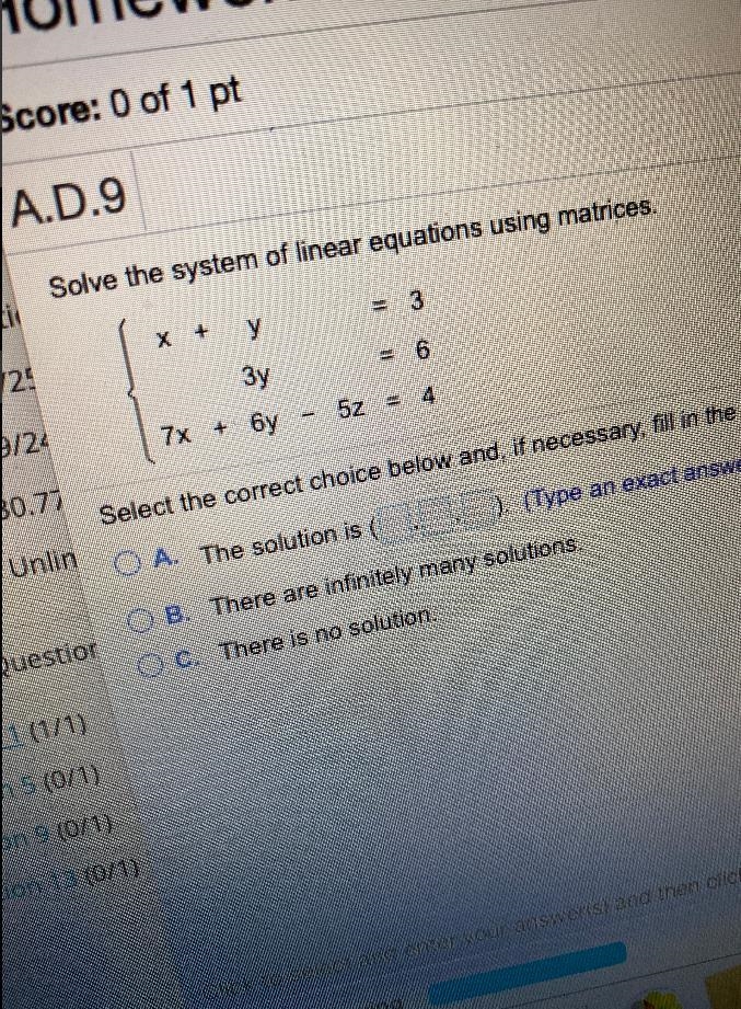 Solve the system of linear equations using matrices.X+y. =3Зу =67x + 6y-5z = 4-example-1