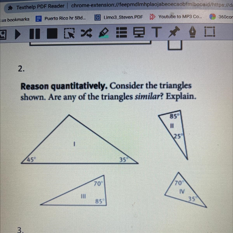 Reason quantitatively. Consider the trianglesshown. Are any of the triangles similar-example-1