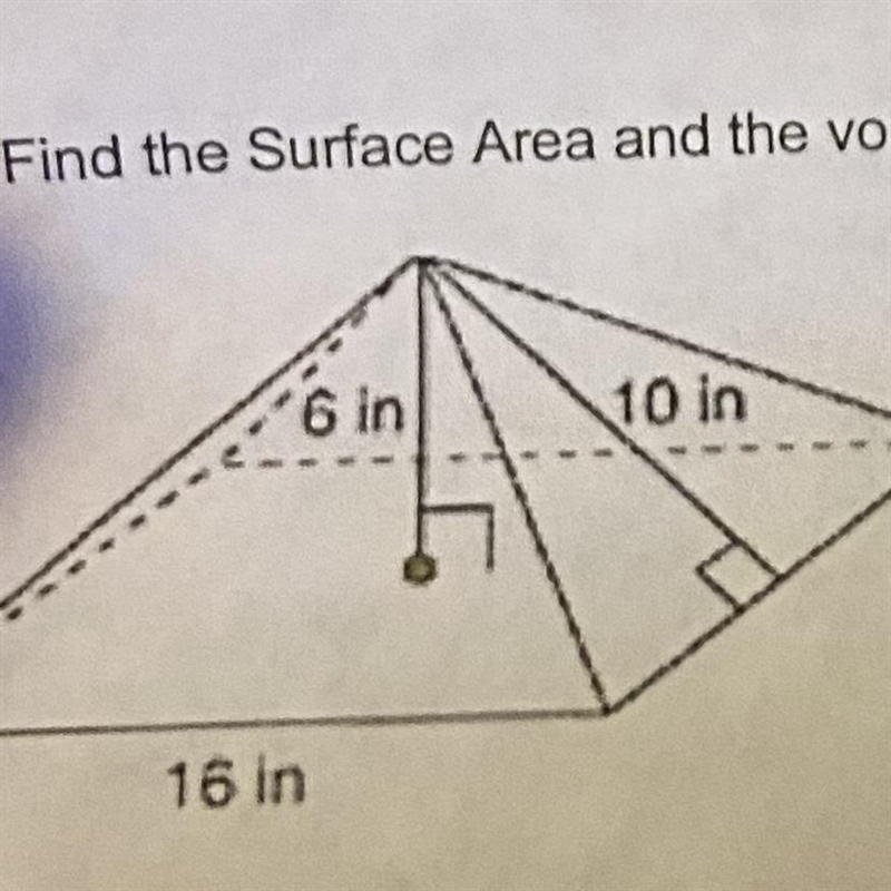 Find the Surface Area and the volume of this square pyramid. That’s the whole picture-example-1