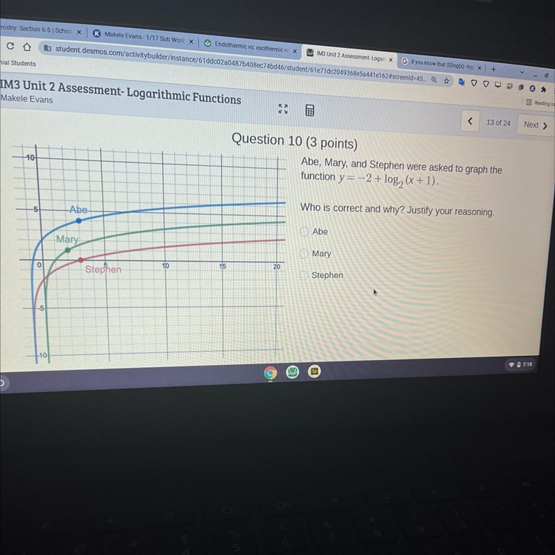 Abe, Mary, and Stephen were asked to graph thefunction y = –2 + log, (x + 1).Who is-example-1