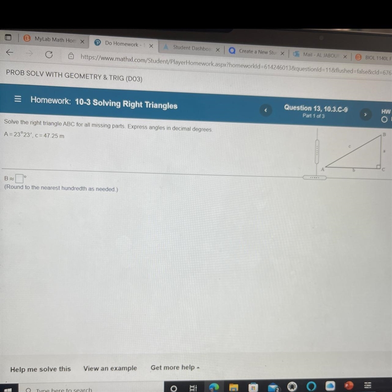 Solve the right triangle ABC for all missing parts express angles in decimal degrees-example-1