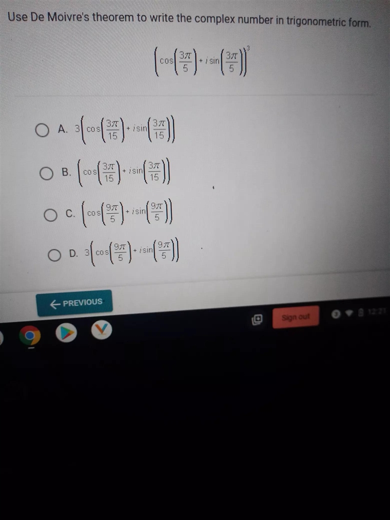 Use De Moivre's theorem to write the complex number in trigonometric form. BT + sih-example-1