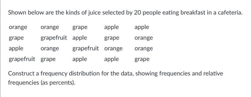 Shown below are the kinds of juice selected by 20 people eating breakfast in a cafeteria-example-1