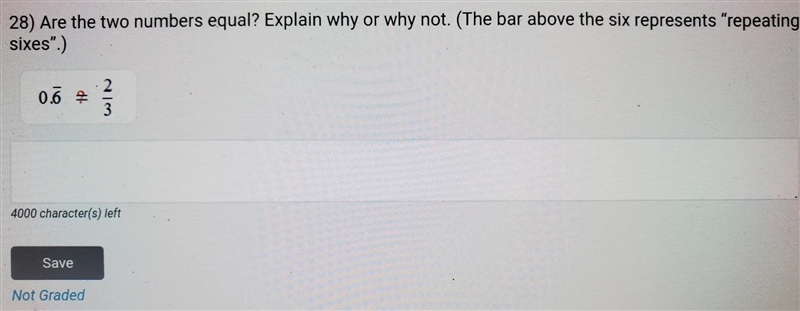 are the two numbers equal? why or why not. (the bar above the six represents repeating-example-1