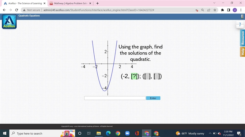 Using the graph, find the solutions of the quadratic.-example-1