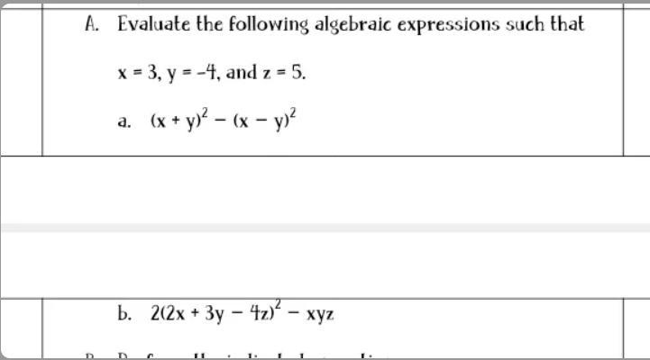 Evaluate the following algebraic expressions such that x = 3, y = -4, and z = 5.A-example-1