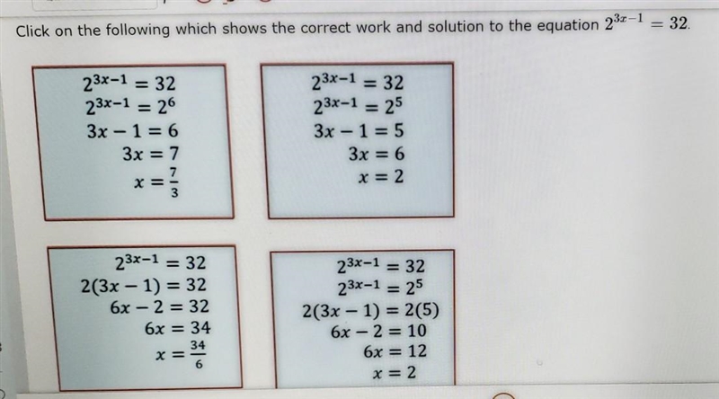 Click on the following which shows the correct work and solution to the equation 23x-example-1