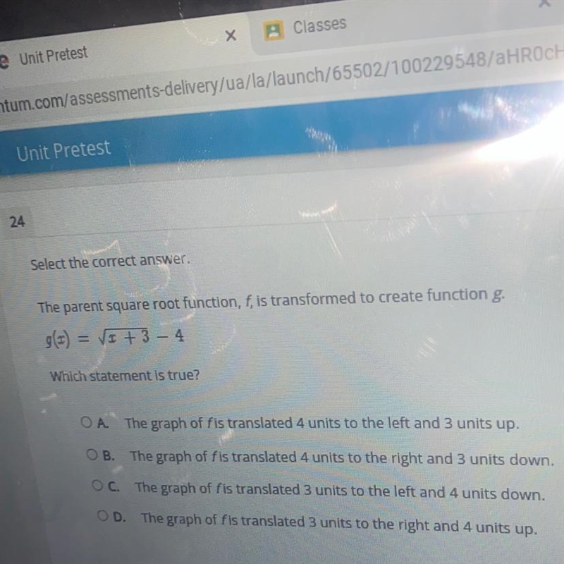 The parent square root function, f, is transformed to create function g.g(x) = √x-example-1