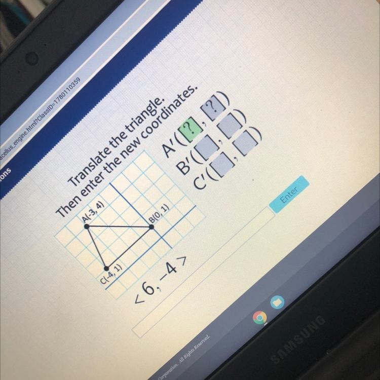 A(-3, 4)Translate the triangle.Then enter the new coordinates.A' ([?], [?])B'([],[])C-example-1